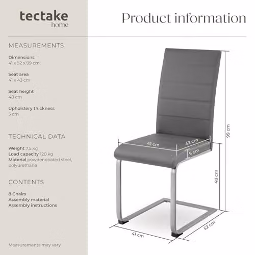 tectake Set of 8 Bettina Dining Chairs in Grey with Synthetic Leather and Metal Cantilever Base – 3