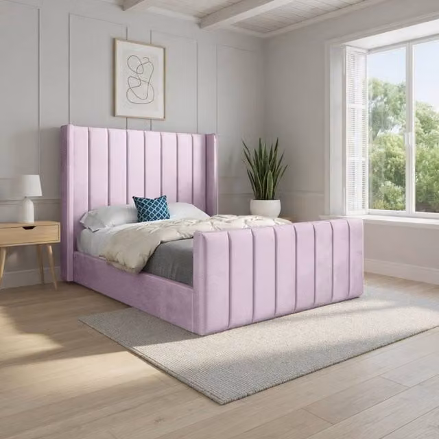 KDMD Strumpshaw Winged Upholstered Designer Bed Frame in Pink Soft Velvet, Super King, 200 x 200 cm – 1