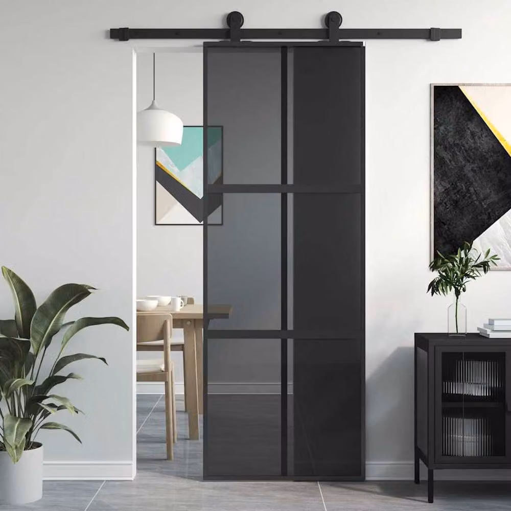 Berkfield Home Minimalist Black Sliding Door with Transparent Tempered Glass and Aluminium, W: 76 cm, H: 205 cm – 2