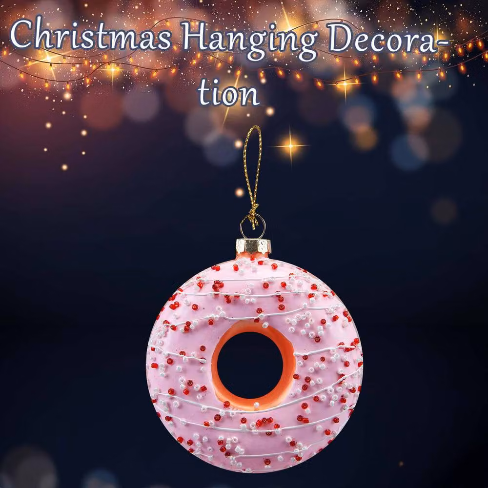 VFM e-Store Pink and White Glass Doughnut Christmas Hanging Ornament, W: 12 cm, H: 9 cm – 2