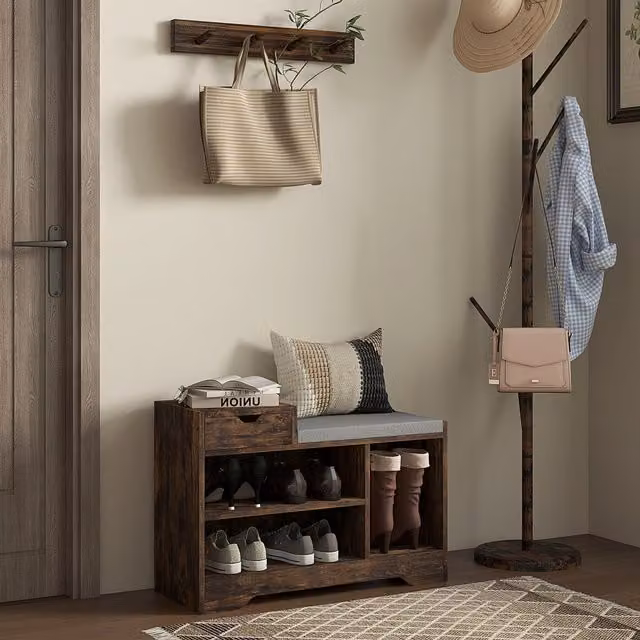 HOMCOM Rustic Brown Entryway Shoe Bench with Drawer and Shelves
