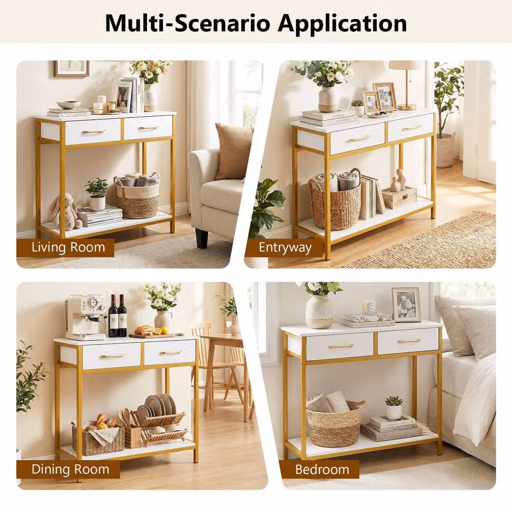 Gymax Narrow White Console Table with 2 Fabric Drawers and Industrial Wood Design – 5