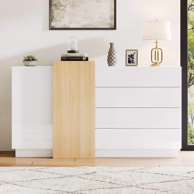 ModernLuxe High Gloss Sideboard Cabinet in White with 4 Drawers and 2 Doors, W: 140 cm, H: 76.5 cm, D: 35 cm