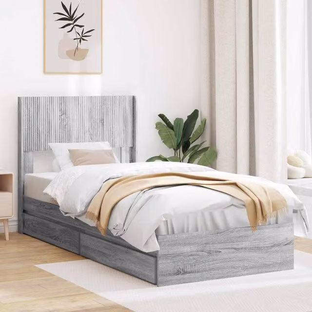 Berkfield Home Grey Sonoma Bed Frame with Headboard and Side Compartment Storage W/D/H: 100 x 200 cm – 1