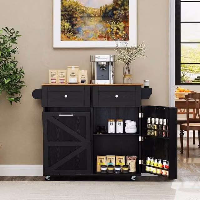 FORGEVIO Mobile Kitchen Island Table with Rubber Wheels in Black Matt Wood