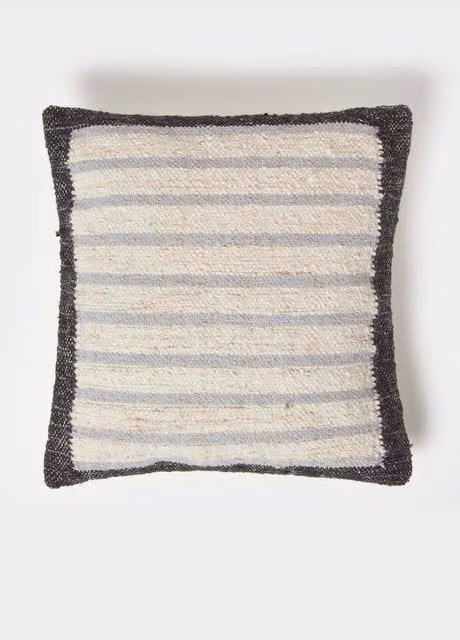 Homescapes Veria Handwoven Striped Kilim Cushion in Grey and Cream, W/D/H: 45 x 45 x 45 cm