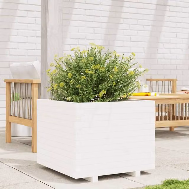 Berkfield Home White Decorative Garden Planter Tub, Solid Wood, W: 60 cm, D: 60 cm, H: 49.5 cm