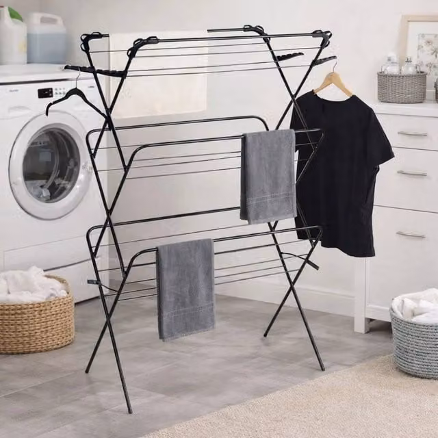 EONLION 3 Tier Extra Wide Foldable Laundry Drying Rack in Black, Width: 100 cm