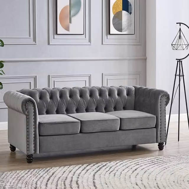 Home Detail Chester 3 Seater Grey Velvet Chesterfield Sofa – 1