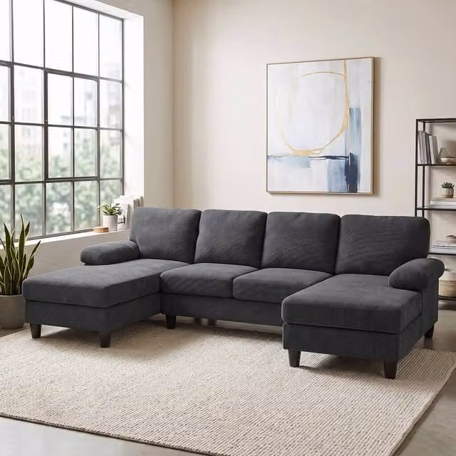 Merax U Shaped Sofa with Double Chaise and Upholstered Armrests in Grey Fabric