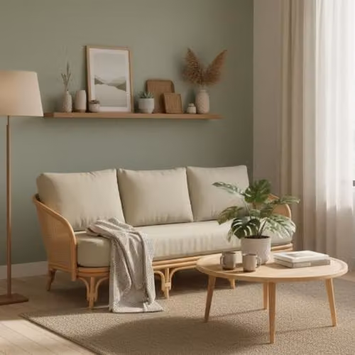Desser Natural Rattan Royal 3-Seater Sofa with Roma Sage Cushions in Green and Beige – 2