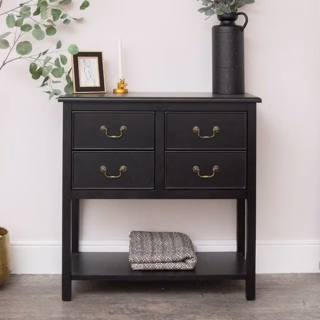 Melody Maison Briggs Black 4 Drawer Chest and Console Table with Shelf – 1