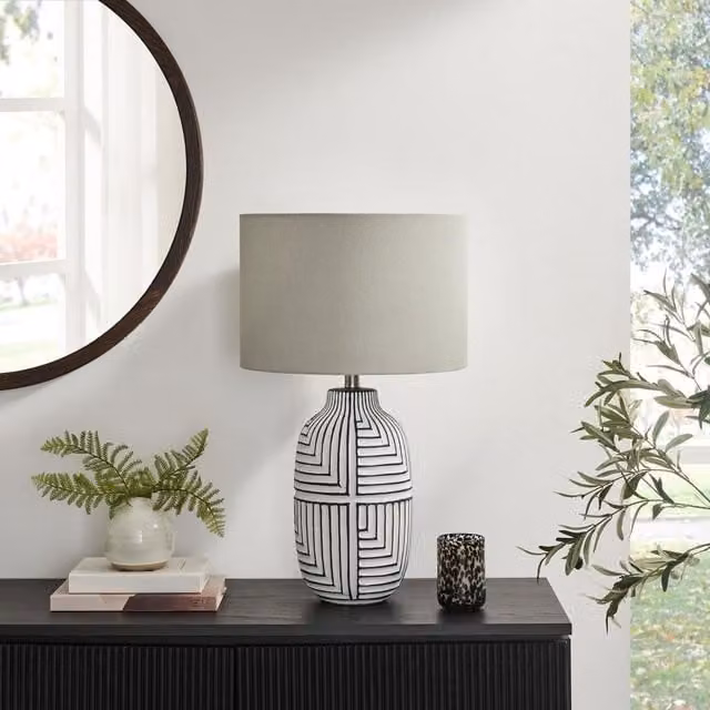 Furniturebox UK Maze Round Ceramic Table Lamp with Fabric Shade in Grey, Black and Beige