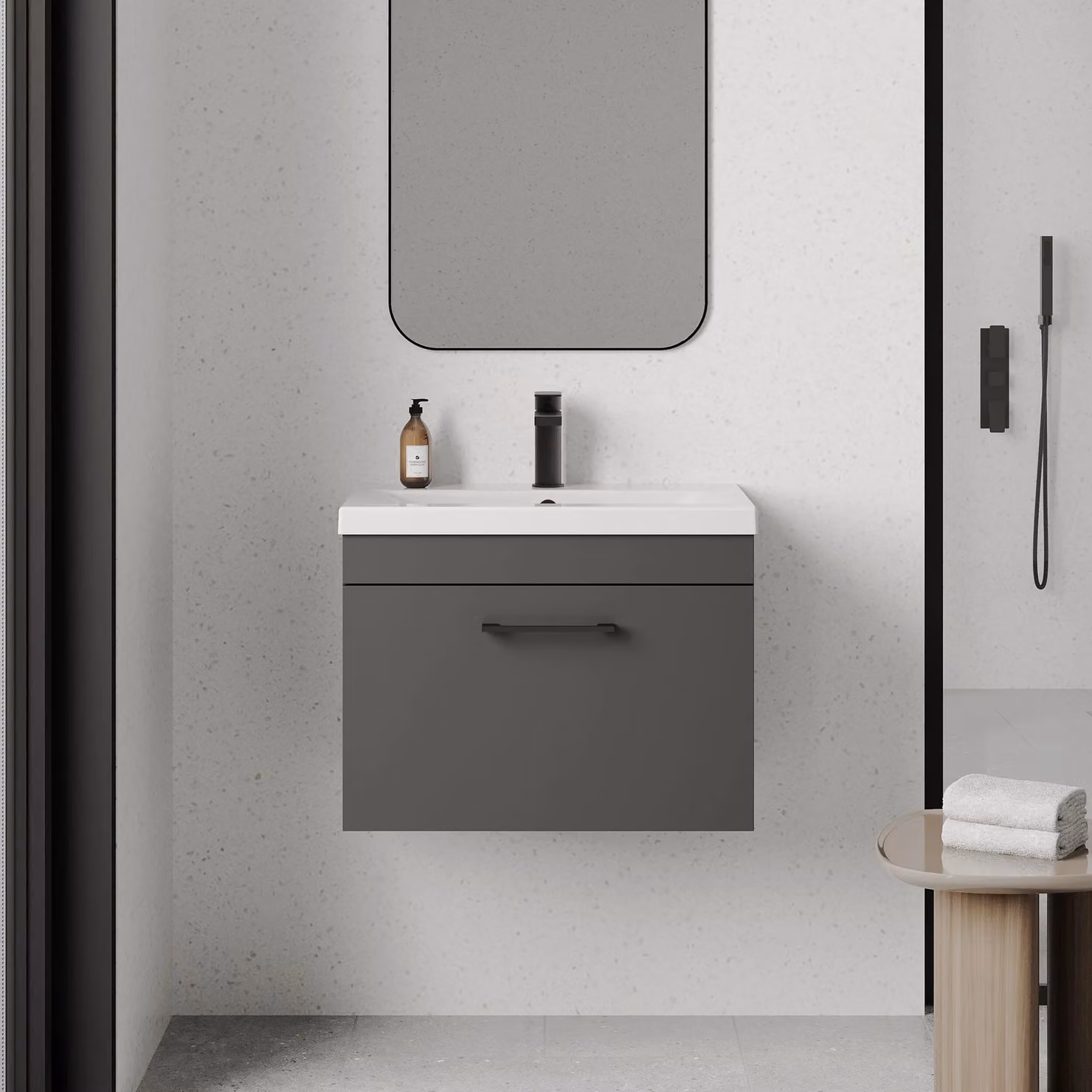 Balterley Modern Glossy 1 Drawer Wall Hung Bathroom Vanity Basin Unit in Grey, Width: 60 cm – 2