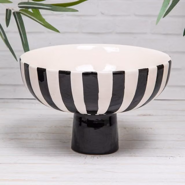 Annibells Ceramic Fruit Bowl Pedestal Dish in Black, White and Green