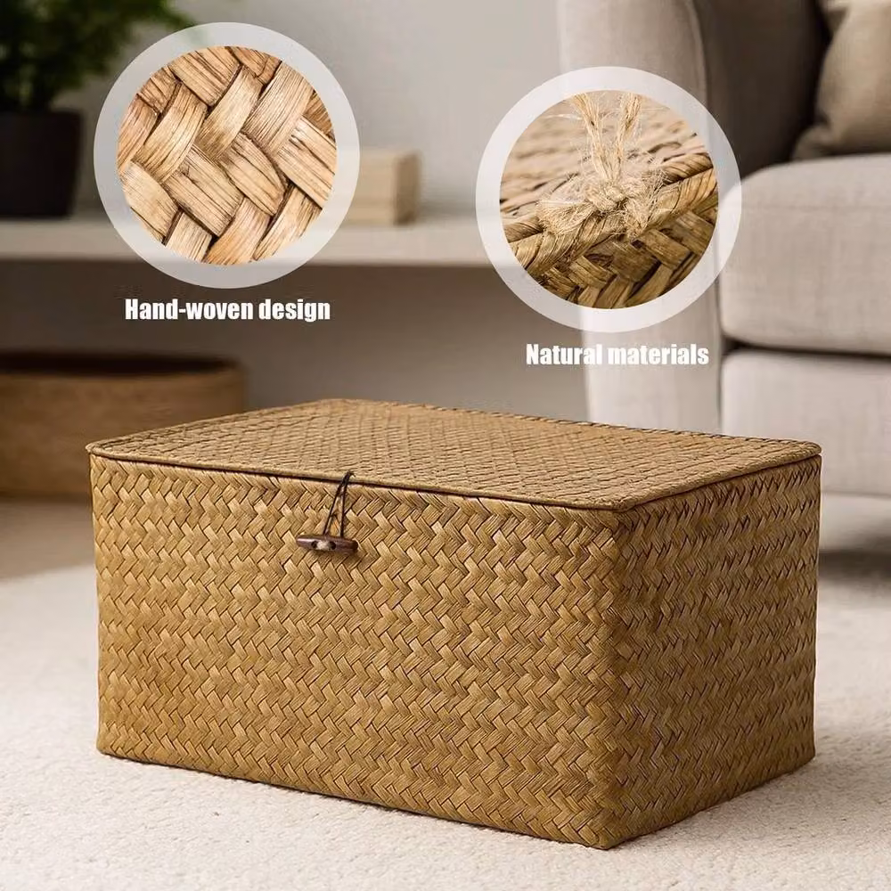 Kelvenix Seagrass Storage Hamper with Lid, Brown, W/D/H: 40.0 x 28.0 x 19.0 cm – 4