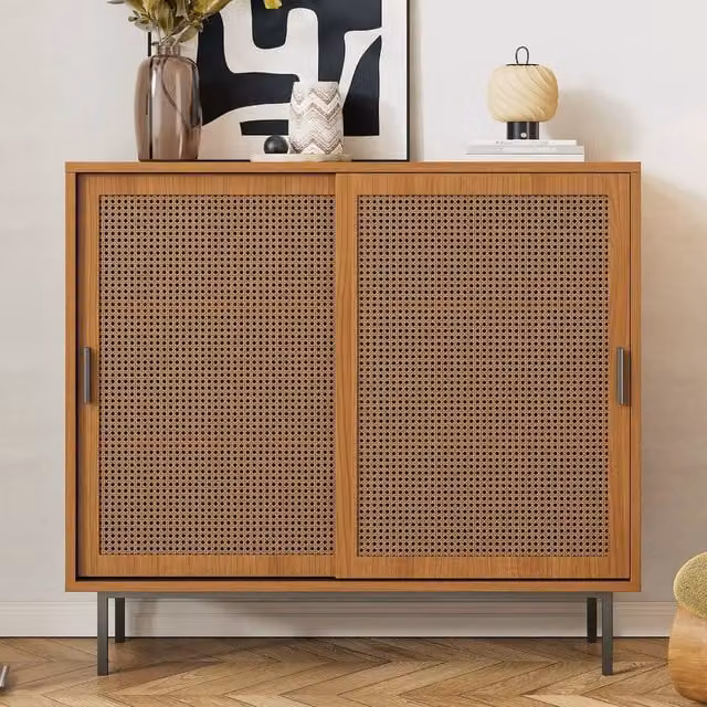 Rolipo Walnut Rattan Sideboard with Sliding Doors in Brown