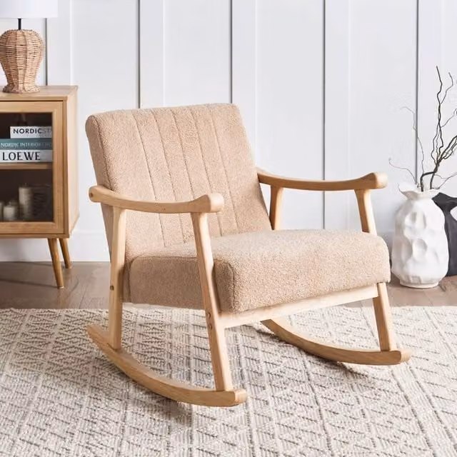 Wyld and Coco Haven Rocking Armchair in Beige Bouclé with Rubberwood Legs