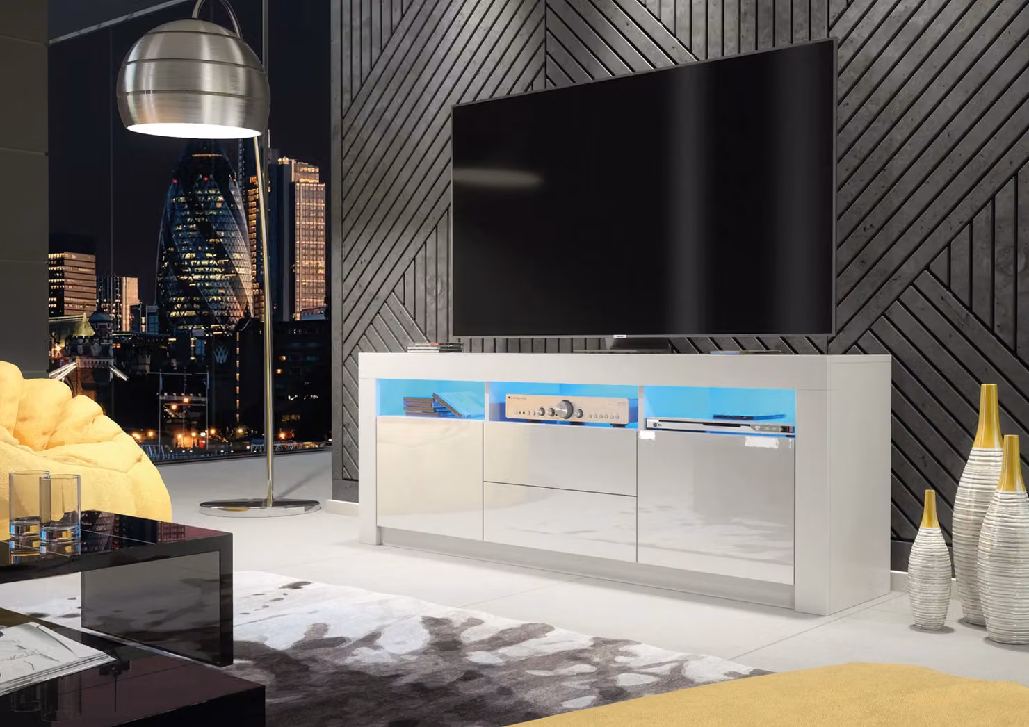Mex Furniture LTD Modern TV Unit with Glossy Doors, White and Black, W: 160 cm, H: 60 cm, D: 35 cm – 4