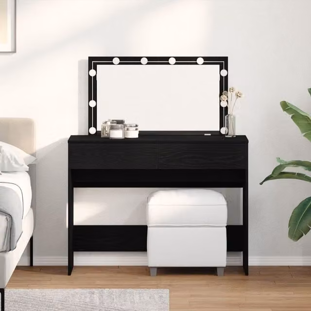 Berkfield Home Modern Black Oak Dressing Table with Hollywood LED, W/D/H: 100 x 40 x 120 cm