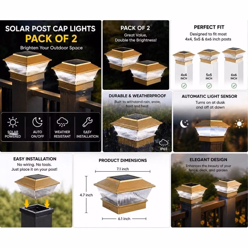 NESTLUNE Raxter Solar LED Outdoor Post Lantern in Gold/Brass – 5