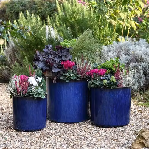 Garden Gear Ocean Blue and Grey Glazed Cylinder Planter Set of 3, Frost and UV Resistant Recycled Plastic Flower Pots – 1