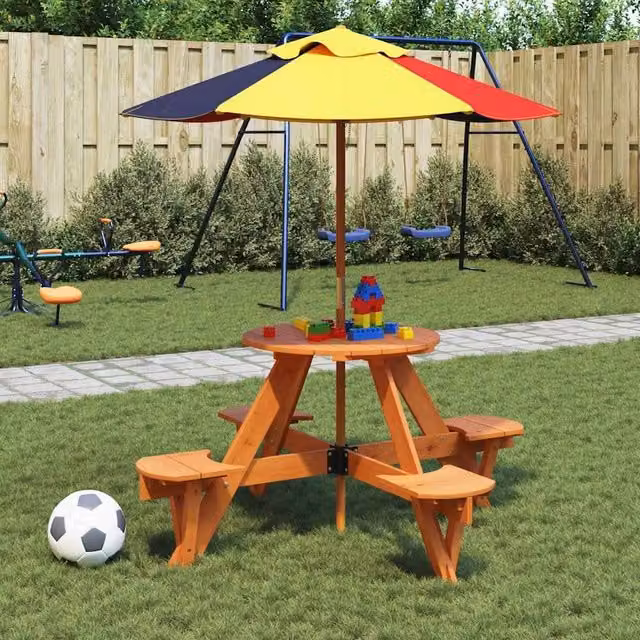 Berkfield Home Round Solid Wood Fir Picnic Table for 4 Children with Umbrella Hole, Brown, W/D/H: 120 x 55 x 57 cm
