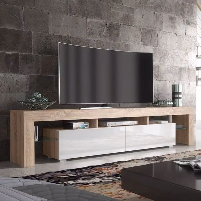 Creative Furniture Modern TV Unit in Oak with High Gloss White Doors, W: 200 cm, D: 45 cm, H: 35 cm