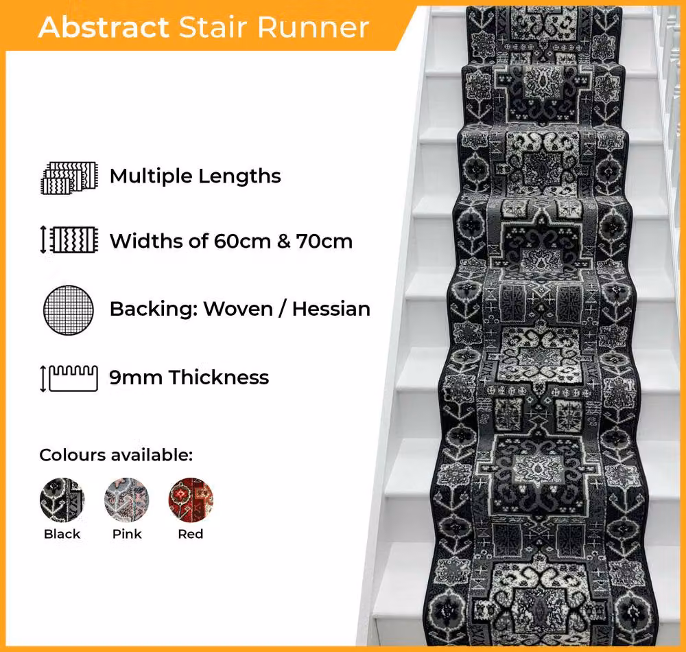 runrug Abstract Stair Runner Carpet in Black, W: 60 cm x L: 510 cm – 2