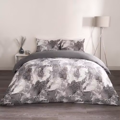 OHS Marble Reversible King Size Duvet Cover Set with Pillowcases in Grey and White