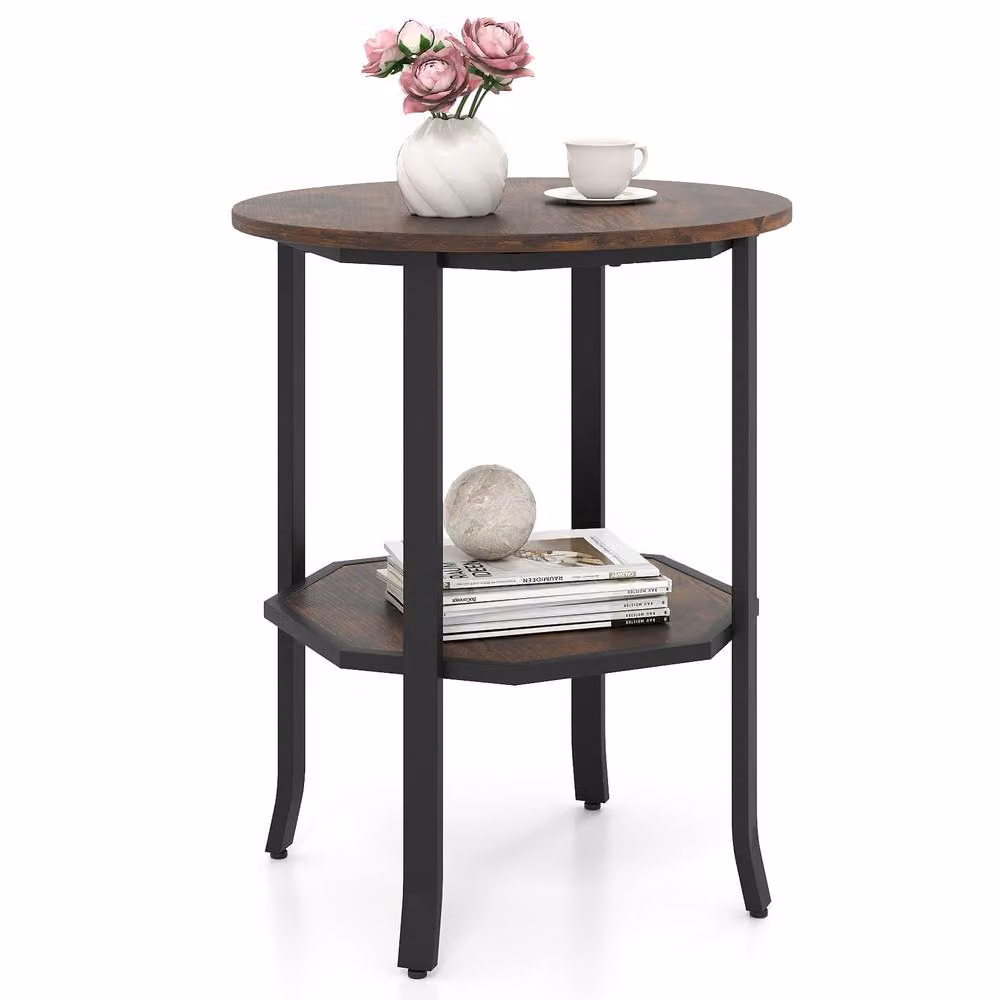 Costway 2-Tier Round Wooden Side Table with Storage Shelf in Brown – 2