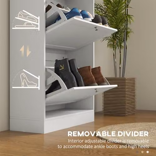 HOMCOM Modern White Wall Mounted Shoe Cabinet with Tilting Compartments and Internal Shelves – 3