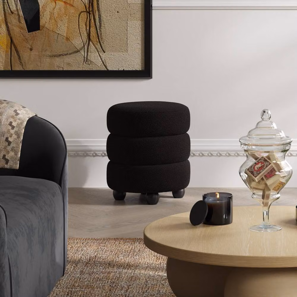 Lemon Pavilion Furniture Emi Pouffe in Black Bouclé Fabric, W: 43 cm, D: 43 cm, H: 49.5 cm – 3