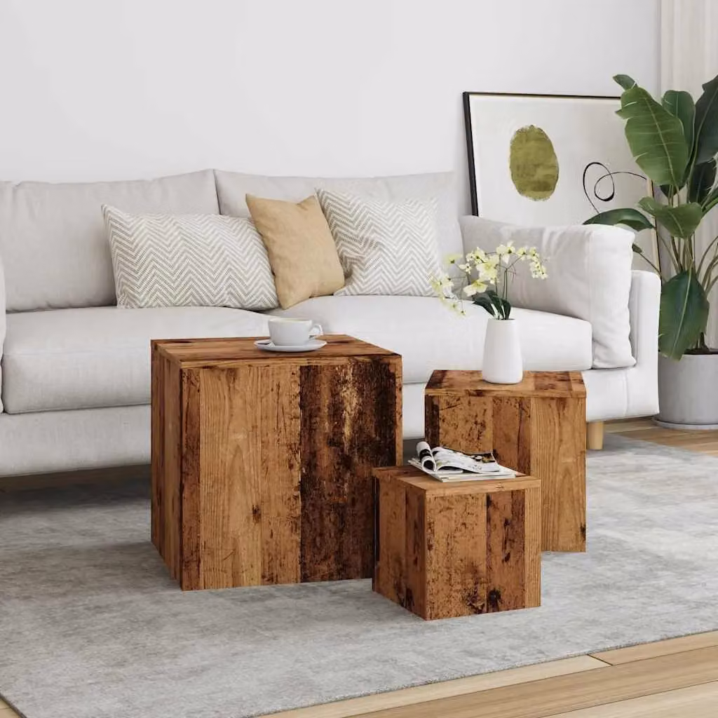 Berkfield Home Set of 3 Nesting Side Tables in Brown Old Wood Finish – 3