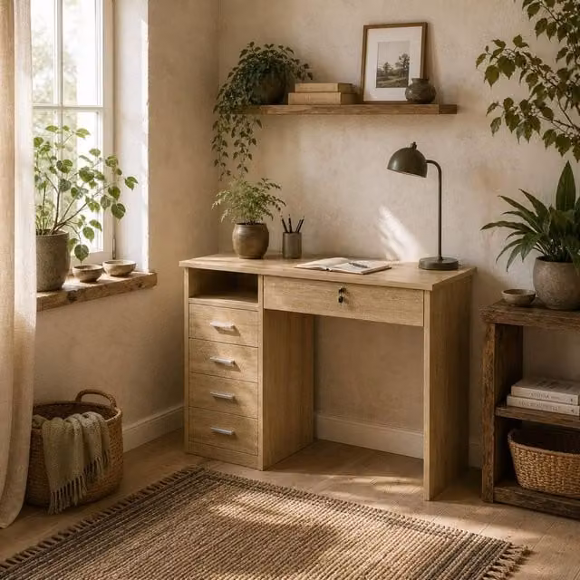 Wyld Haus Yodino Computer Desk in Brown Oak Finish with 5 Drawers and Side Shelving, W/D/H: 110 x 50 x 76 cm