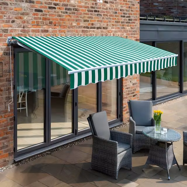 Primrose Manual Retractable Wall-Mounted Awning with Aluminium Frame, Green and White, W: 250 cm, D: 200 cm