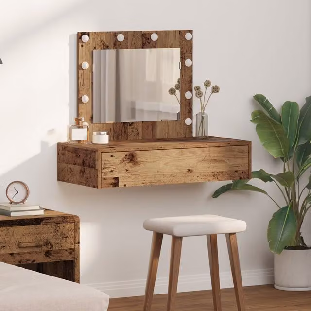 Berkfield Home Wall Hanging Dressing Table with LED Lights in Brown Rustic Wood, W: 70 cm, H: 83 cm, D: 40 cm – 1