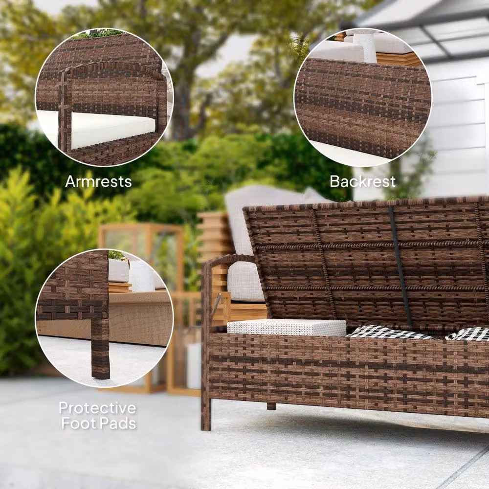 Wyld Haus Rarette Brown Rattan Garden Storage Bench with Cushion and 125L Capacity – 6