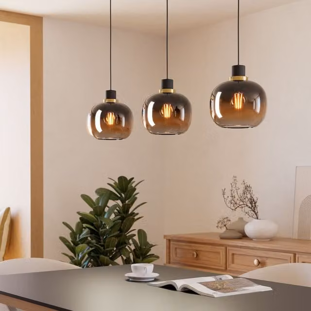 Eglo OILELLA Modern Linear Pendant Light in Black and Brown Glass with Brass Details