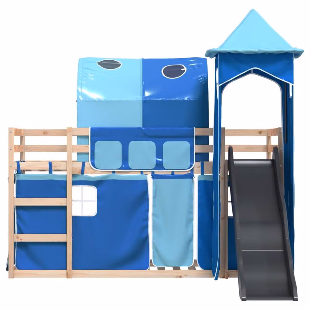 Berkfield Home Blue Solid Wood Childrens Bunk Bed with Slide and Curtains W/D/H: 80 x 200 cm – 5