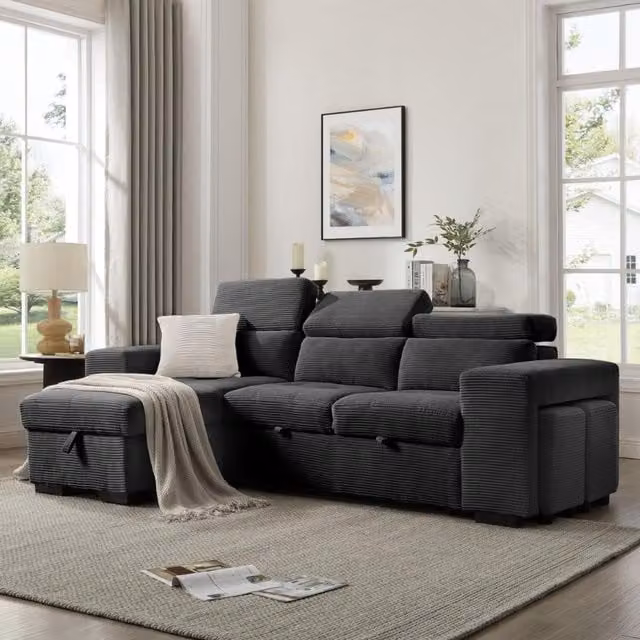 Azalea Reversible L-Shape Sofa with Chaise in Charcoal Grey Jumbo Cord, featuring a Pull-out Drawer and Sleeping Function, W: 245 cm, D: 156 cm, H: 77 cm
