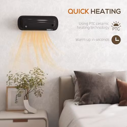 HOMCOM 2000W Ceramic Wall Mounted Fan Heater with Remote Control, Thermostat and Timer, Black – 3