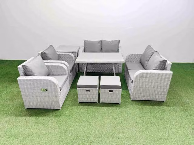 Fimous 8 Seater Rattan Garden Furniture Set in Light Grey with Upholstered Cushions
