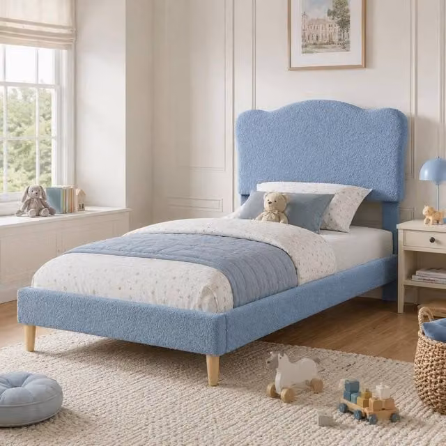 London Boutique Single Upholstered Platform Bed Frame with Scalloped Headboard in Blue