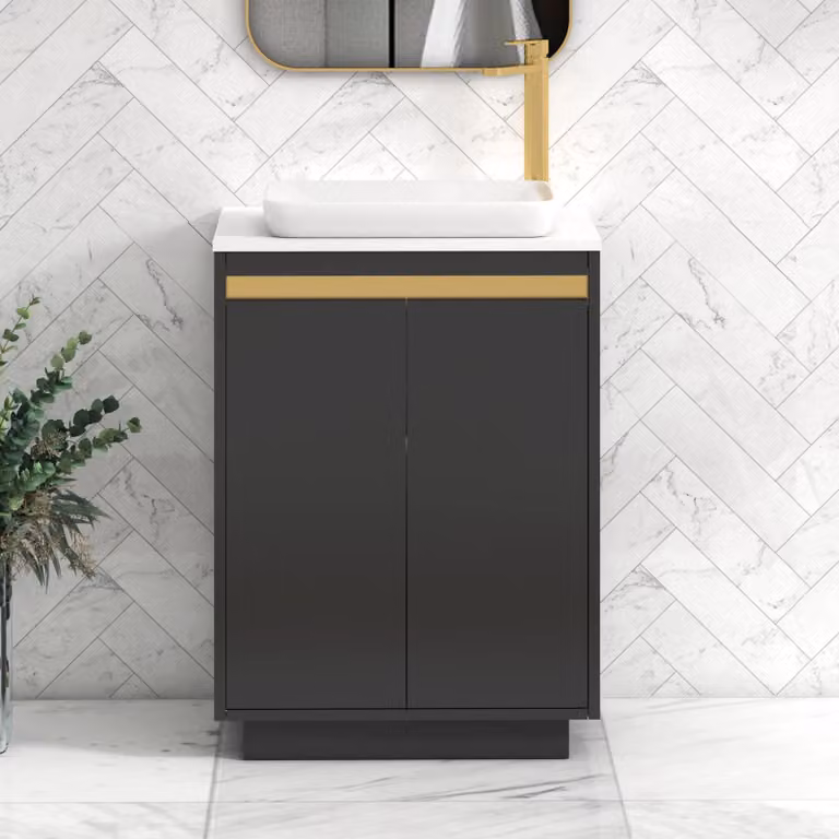 Royal Bathrooms Orion 600mm Matt Obsidian Black and Plain White Floor Standing 2 Door Vanity Unit with Qubix Basin and Brushed Brass Accent Trim