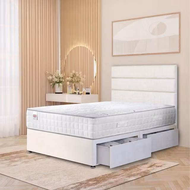 Somnior Beds Ltd Modern Upholstered Fabric Bed Frame and Headboard Set with Drawers, White, W/D/H: 120 x 200 cm