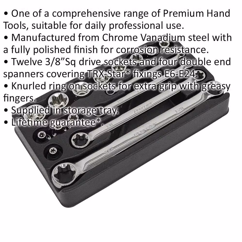 Loops 16 Pack TRX Star Socket and Spanner Set, 3/8 inch Square Drive, Chrome Vanadium Steel, Silver – 2