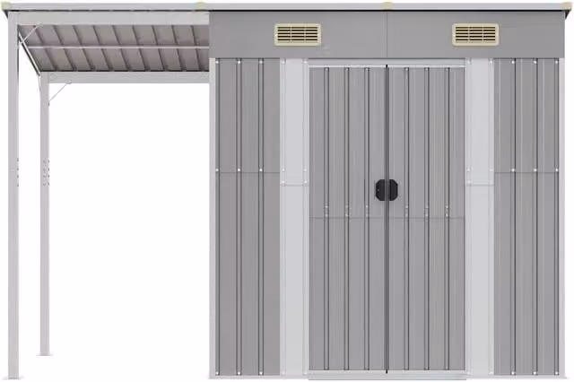 Berkfield Home Modern Pent Garden Shed in Light Grey with Extended Roof, Window and Roof Vent, W/D/H: 277 x 110.5 x 181 cm – 1
