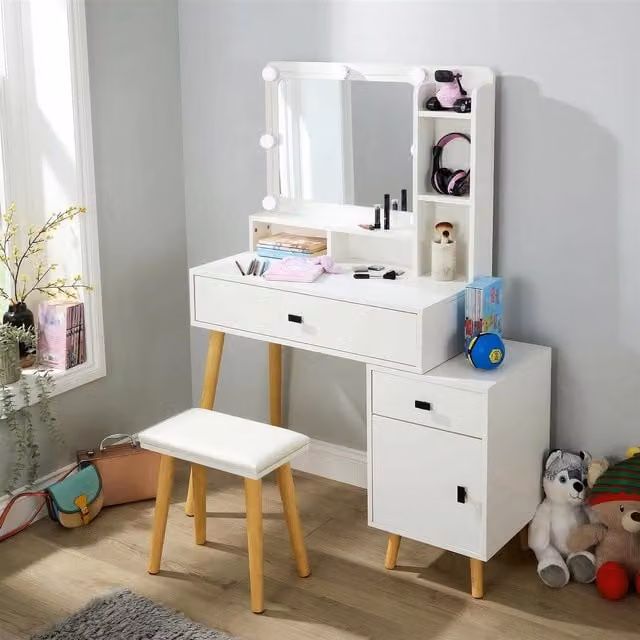 Home Source Nova Dressing Table with 3 Drawer Unit, LED Touch Mirror and Stool in White