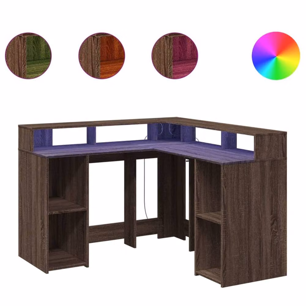 Berkfield Home Soft Desk with LED Lights in Brown Oak, W/D/H: 130 x 130 x 91 cm – 3